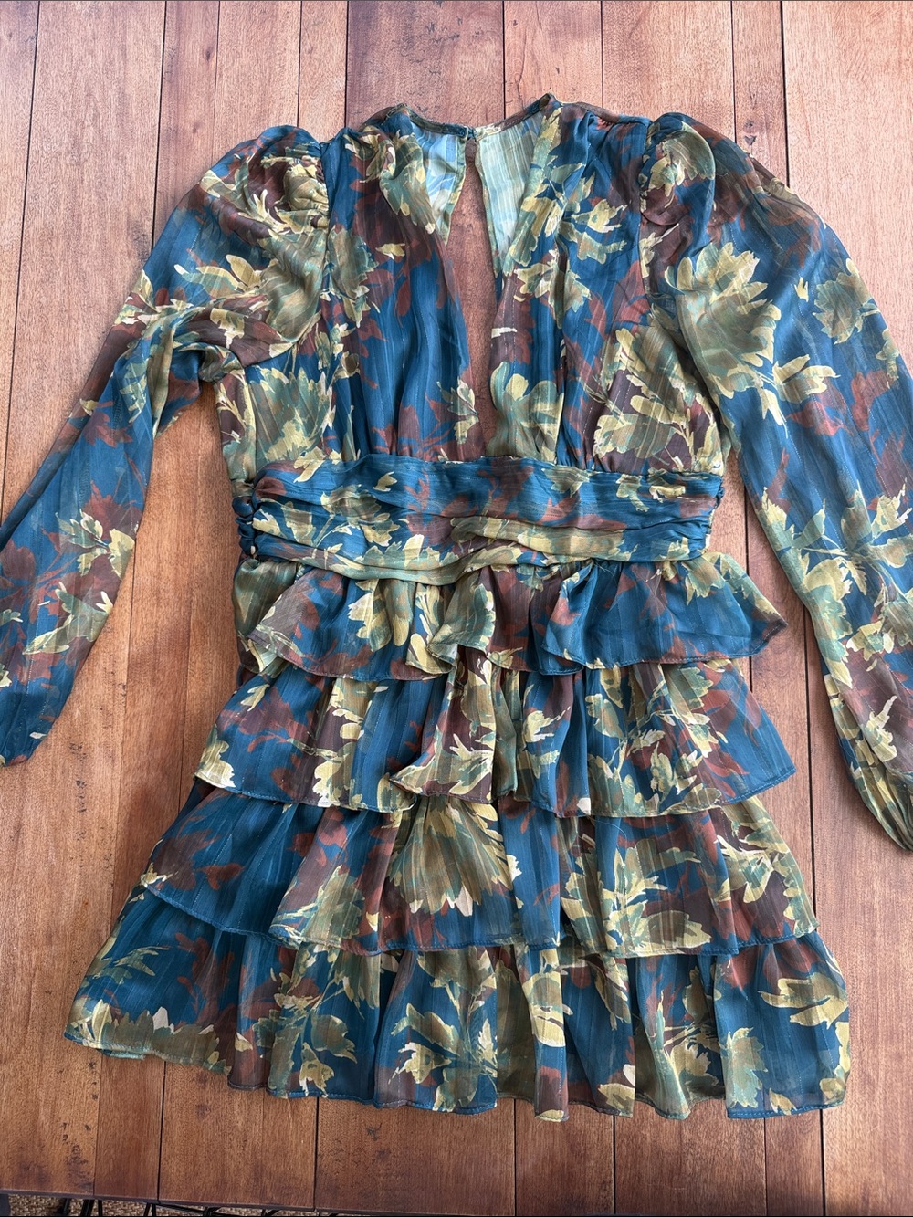Floral Ruffle Tiered Dress in Teal and Olive